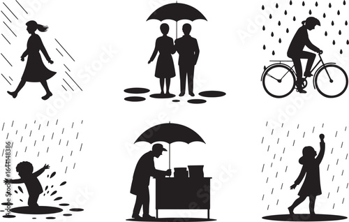 Rainy Day People Silhouettes Set Walking Under Umbrella Biking Standing Child Raindrops