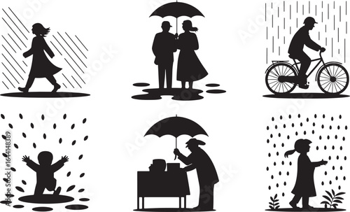 Rainy Day People Silhouettes Set Walking Under Umbrella Biking Standing Child Raindrops