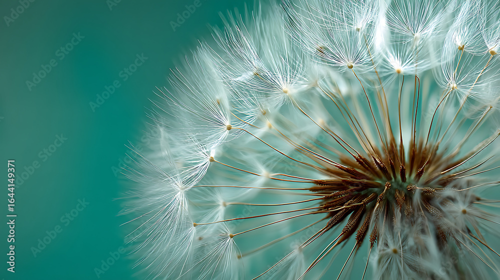 Obraz premium Delicate white dandelion seeds with brown center against teal background fluffy
