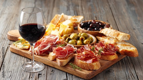 Delicious assortment of Spanish tapas with cured ham cheese olives bread and glass of red wine on table
