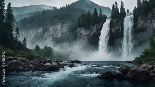 Majestic Mountain Waterfall with Mist and Pine Forest in Ultra-Realistic 8K Photoreal View