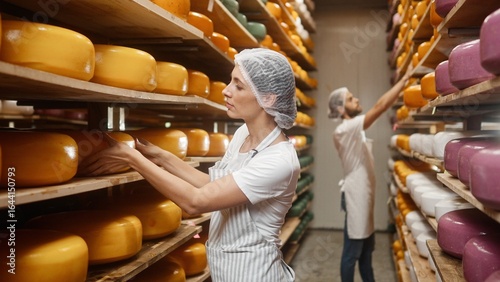 Quadro su tela Caucasian young pretty woman and man checking ripening process of dairy products