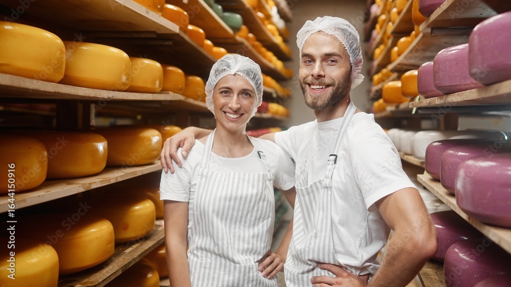 Fototapeta premium Caucasian young joyful family couple woman and man smiling to camera standing indoor in cheese storage. Dairy products concept. Cheese makers producing cheese at farm house. Portrait shot