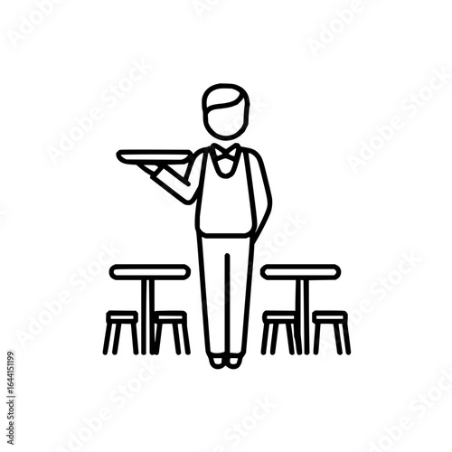 Waiter serving restaurant table with tray line art vector illustration design concept icon graphic 100