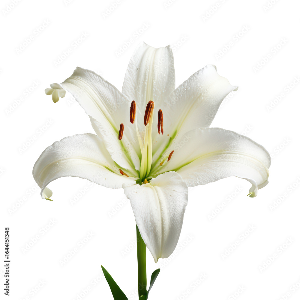 Obraz premium Elegant White Lily Flower Blooming with Green Leaves and Stem