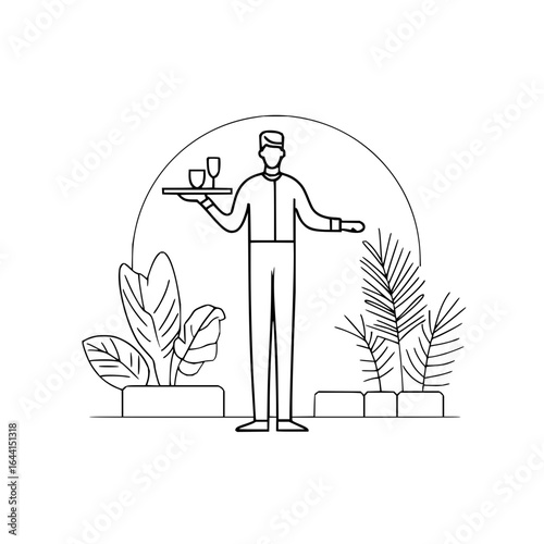 Waiter serving drinks line art illustration restaurant service hospitality professional beverage catering vector