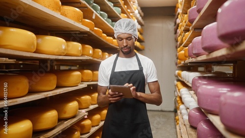 Принти на полотні African American cheese factory worker in uniform using tablet devce browsing online and checking cheese wheels on shelves