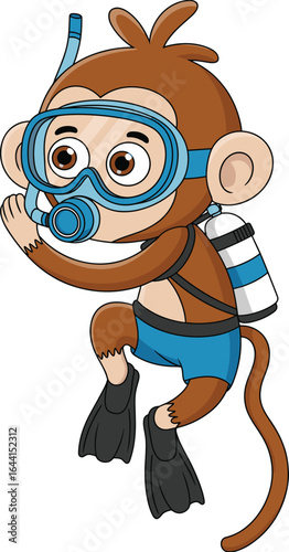 Cartoon scuba diving monkey, blue snorkel character, underwater animal explorer, striped tank gear, playful vector illustration, ocean adventure art design