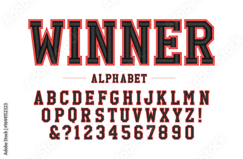 Abstarct college classic font. Vintage sports font in American style for T-shirt designs for football, baseball, and basketball teams. College, school and varsity style font, tackle twill. Vector
