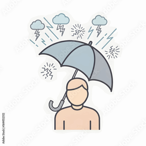 Person holding an umbrella under rain clouds symbolizing stress, sadness, and personal struggle with life’s challenges.