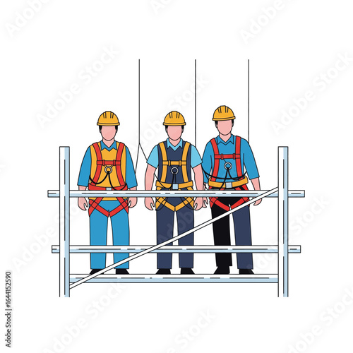 Vector art of three construction workers wearing safety harnesses and helmets stand on a scaffolding platform, isolated on white background