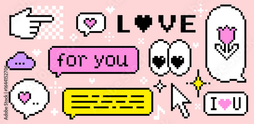 Y2k pixel art Valentine sticker set. Heart-shaped eyes, speech bubbles with romantic message, hearts and flower. 8 bit game abstract vector elements for digital design, game interface, social media