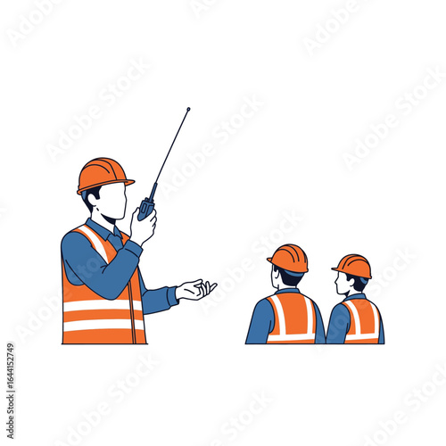 Vector art of foreman communicating with team members using a radio, isolated on white background