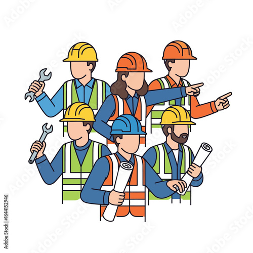 Vector art of diverse team of construction workers in safety vests and hard hats, holding tools and blueprints, collaborating on a project