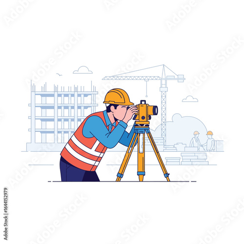 Vector art of surveyor using a theodolite on a tripod at a construction site with a building and crane in the background, isolated on white background