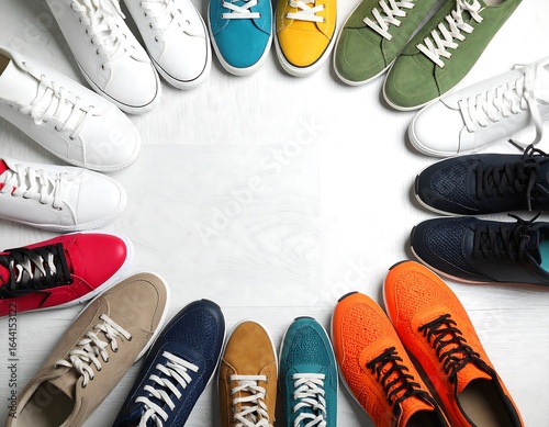 Various colorful sneakers arranged in a circle on a white surface