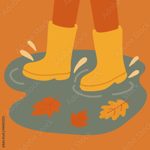 Vector of rain boots stepping into a puddle with floating leaves, playful fall scene in clean flat style.