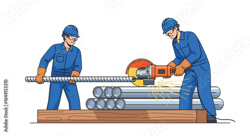 Vector art of two construction workers in hard hats and safety gear using a grinder to cut metal rebar on a construction site, isolated on white background