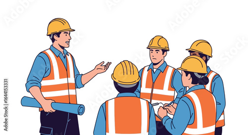 Vector art of a group of construction workers in hard hats and safety vests gathered around a leader holding a blueprint, discussing a project isolated on white background