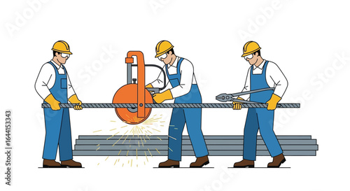 Vector art of three construction workers in hard hats and safety vests operating a circular saw to cut metal bars, with sparks flying, isolated on white background