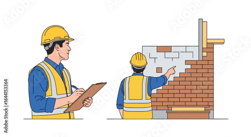 Vector art of two construction workers in hard hats and safety vests, one taking notes on a clipboard and the other pointing at a brick wall under construction, isolated on white background
