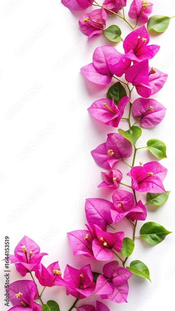 Fototapeta premium Bougainvillea flowers creating a natural frame on a clean white background
