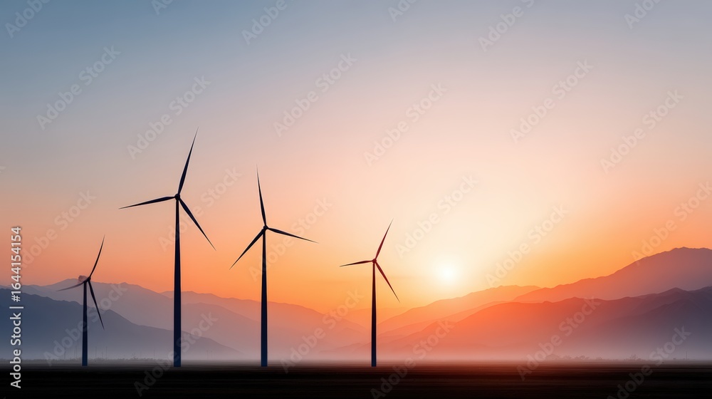 Obraz premium Wind turbines silhouetted against a vibrant sunset sky, showcasing renewable energy technology and natural landscape in a serene environment