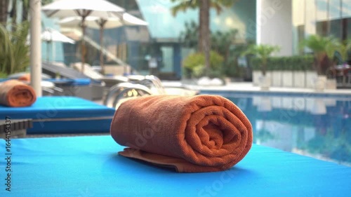 Rolled towel on a sunbed by the pool in a luxury hotel during summer vacation