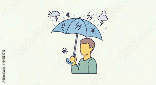 Person holding umbrella under stressful chaotic symbols representing stress management and emotional resilience