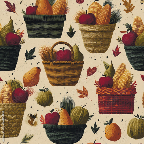  Warm autumn seamless pattern featuring baskets of apples, pears, corn, and seasonal leaves, perfect for fall-themed designs and decor.. Vector illustration
