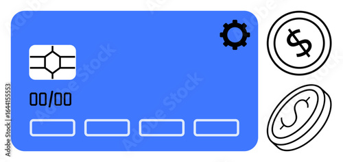 Credit card with chip and expiry, two dollar coins, gear icon for tools or settings. Ideal for finance, banking, payments, savings, e-commerce fintech budgeting. Flat simple metaphor