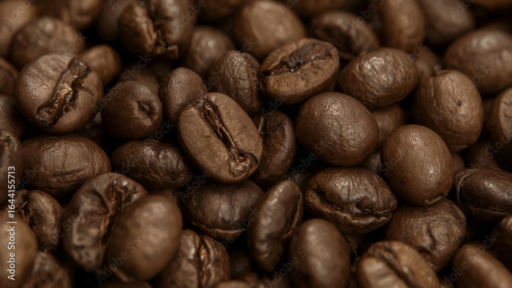 Naklejka premium Extreme Closeup Macro Shot of Freshly Roasted Coffee Beans
