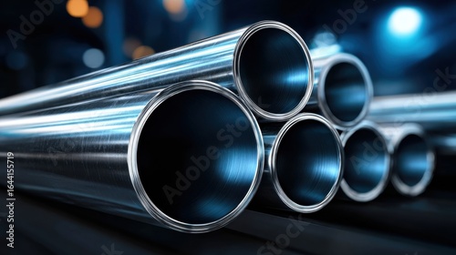 Close-up of polished galvanized steel pipes, emphasizing industrial texture and reflective surfaces, suitable for construction and engineering themes.