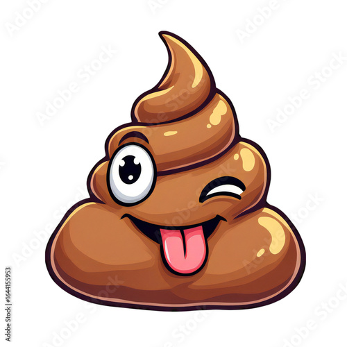 A funny and cute cartoon poop emoji character with a winking eye and tongue sticking out, isolated on a transparent background, representing playful humor and joy