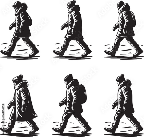 Walking People in Winter Clothes Vector Illustration: Silhouette of Pedestrians in Cold Weather
