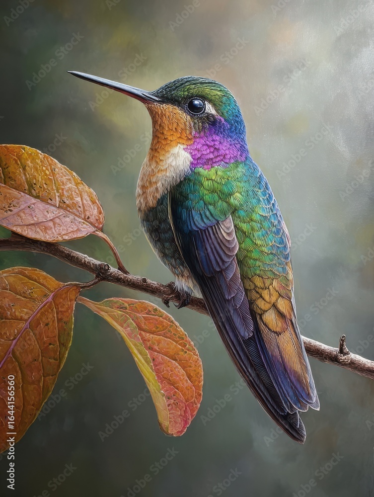 Fototapeta premium this realistic painting illustration depicts a hummingbird perched on a branch the vibrant colors and intricate details make it come to life giving the viewer a sense of serenity and beauty