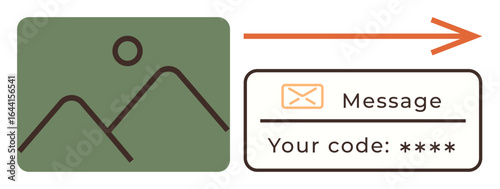 Arrow links mountain photo and verification code in a UI, emphasizing secure messaging, authentication, data transfer. Ideal for privacy, communication, tech, security, user interface