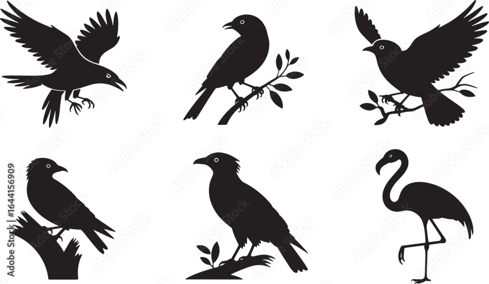 Fototapeta premium Silhouette of Birds on Branches and in Flight on Transparent Background Vector Illustration
