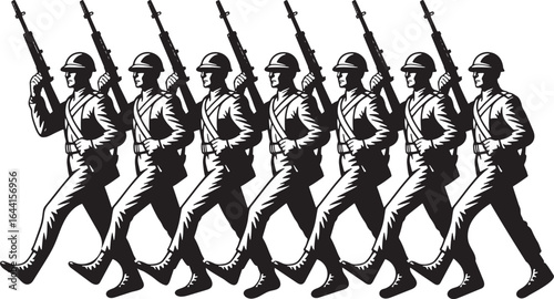 Silhouette of Marching Soldiers with Rifles on Transparent Background Military Parade Vector
