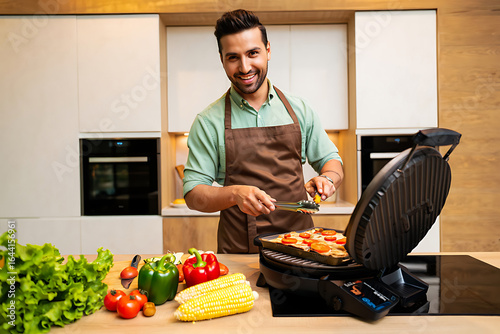 Young man grilling vegetables in modern kitchen with smile for healthy eating and lifestyle advertisement concept and cooking demo
