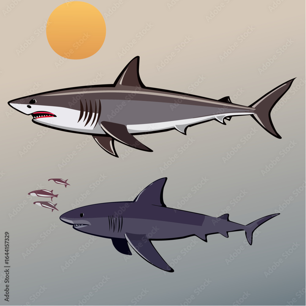 Naklejka premium pilot fish escorting shark silhouette with gray body, black stripes, and pale blue dorsal fin, sleek marine vector illustration for ocean wildlife designs