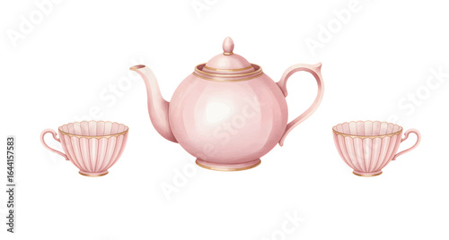 Watercolor illustration of vintage teapot and cups in soft pastel pink color isolated on white background. Classic vintage ceramic teapot and cup collection.