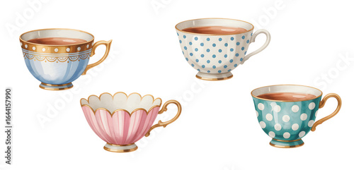 Hand painted vintage teacup collection. Classic ceramic teacups in vector on white background.