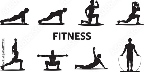 Fitness Training Silhouette Vector Set Exercise Workout Sport Activity Healthy Lifestyle
