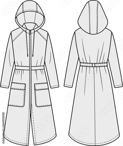 Long hooded trench coat fashion illustration, technical drawing, women's outerwear, front and back view, vector template, raincoat design, stylish