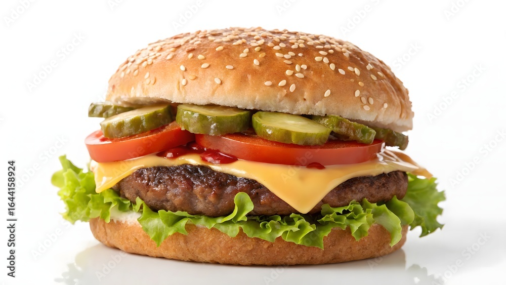 Classic Cheeseburger with Fresh Toppings on a White Background, Isolated Hamburger with Melted Cheese, Tomato, and Pickles, Simple and Clean A Traditional Cheeseburger for Advertising Classic Cheeseburger with Fresh Toppings on a White Background, Isolated Hamburger with Melted Cheese, Tomato, and Pickles, Simple and Clean A Traditional Cheeseburger for Advertising