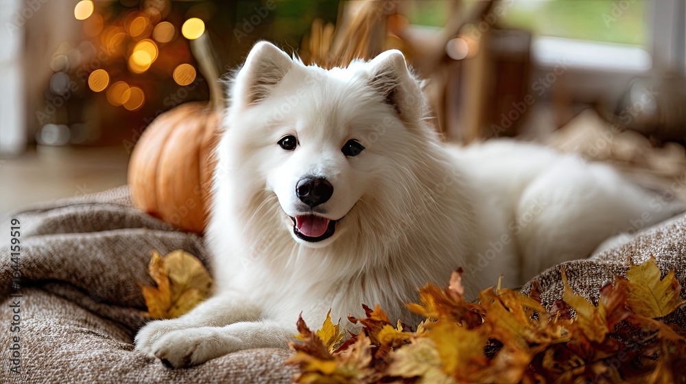 Fototapeta premium A cute Samoyed dog smiles while sitting in a pumpkin surrounded by colorful lights and autumn leaves, capturing festive joy