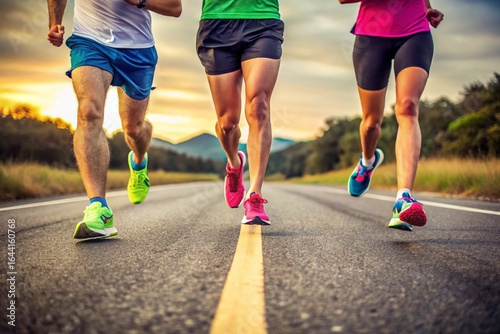 Three people running on a road with a white line