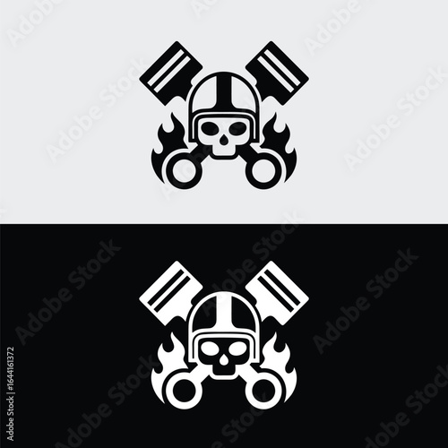 Skull with motorcycle pistons and flames isolated on white background, a symbol of speed, power, and the biker lifestyle, perfect for automotive enthusiasts and those seeking a vintageinspired design