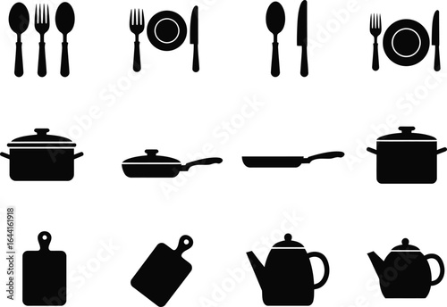 Elegant kitchen utensils icons for a modern culinary adventure, Black and white silhouette vectors capturing kitchenware essentials